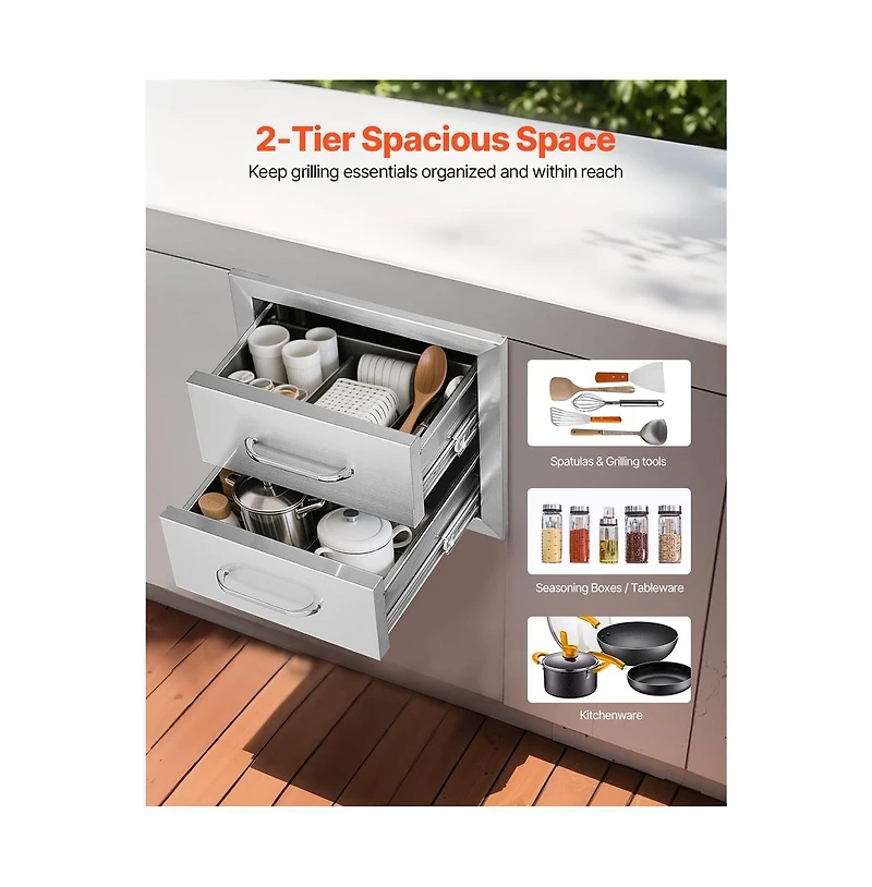 Sugift Outdoor Kitchen Drawers 14W x 14.4H x 23D in Double Bbq Stainless