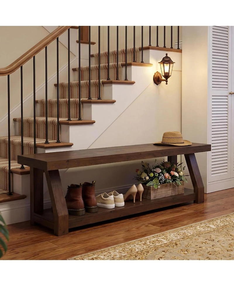 Tribesigns 63" Solid Wood Bench, 2-Tier Entryway Bench with Shoe Storage, Rustic Hallway Accent Benches