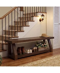 Tribesigns 63" Solid Wood Bench, 2-Tier Entryway Bench with Shoe Storage, Rustic Hallway Accent Benches