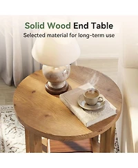 Tribesigns Solid Wood Round End Table, Accent Bed Side Table with Storage Shelf, 2-Tier Circle Wood Nightstand