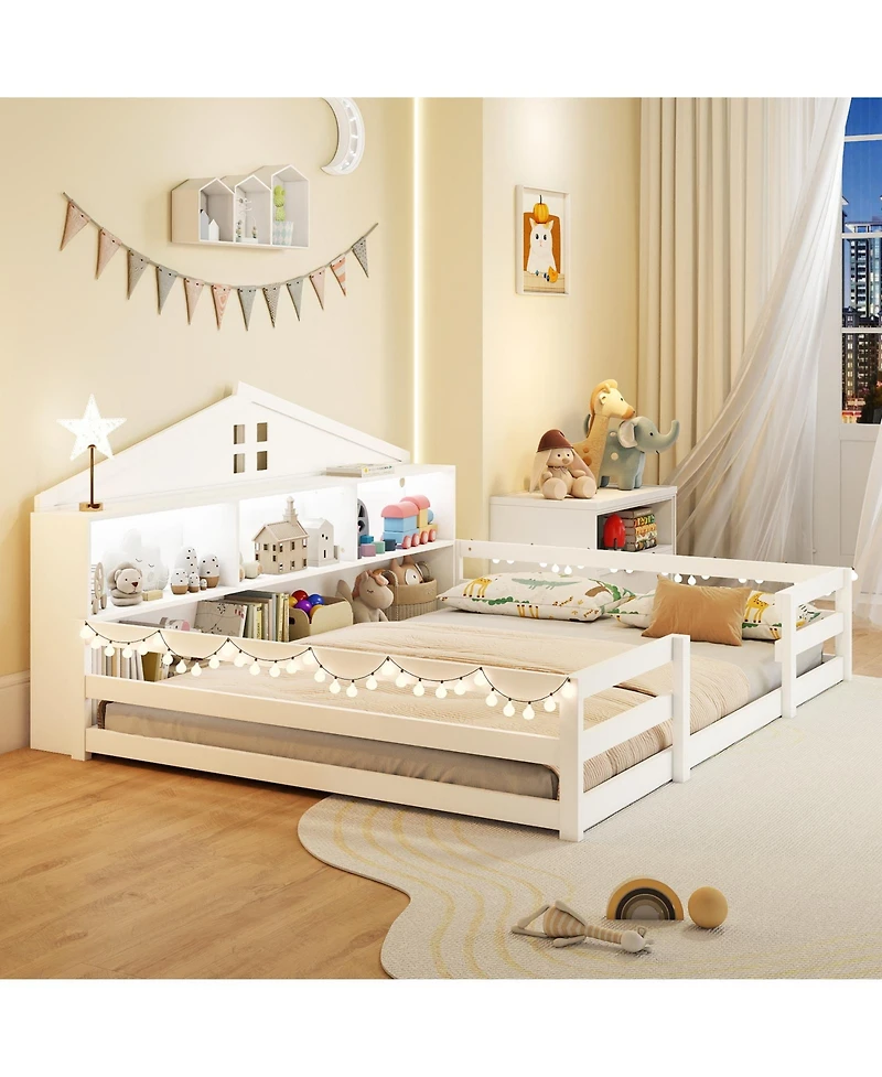 Slickblue Montessori Floor Bed Frame with Storage Compartments and Shelf for Toddler Bedroom