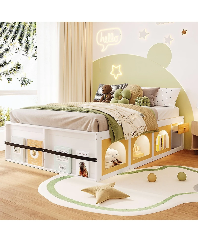 Rainsken Queen Size Platform Bed, Wooden Bed Frame with Bookshelf, Drawer and Led Lit Display Cabinet, Space-Saving Storage Bed for Kids Teens