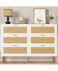 Homfan 6 Drawer Dresser, Rattan Chest, Farmhouse Wooden Dresser with Metal Legs, Large Unit for Bedroom, Living Room, Nursery
