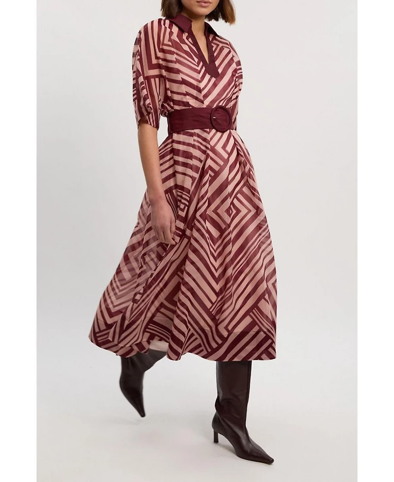 Karen Millen Women's Printed 3/4 Sleeve Plunge Midi Dress