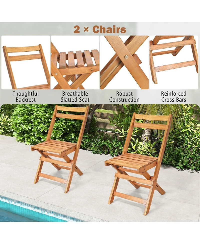 Gymax 3PCS Folding Bistro Set Solid Acacia Wood Table and Chairs Slatted Tabletop Patio