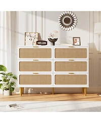 Homfan Modern Rattan 6 Drawer Dresser - Large Double Wooden Chest, Deep Wide Storage Drawers, Top Cabinet for Bedroom, Living Room