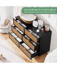 Homfan Modern Rattan 6 Drawer Dresser - Large Double Wooden Chest, Deep Wide Storage Drawers, Top Cabinet for Bedroom, Living Room