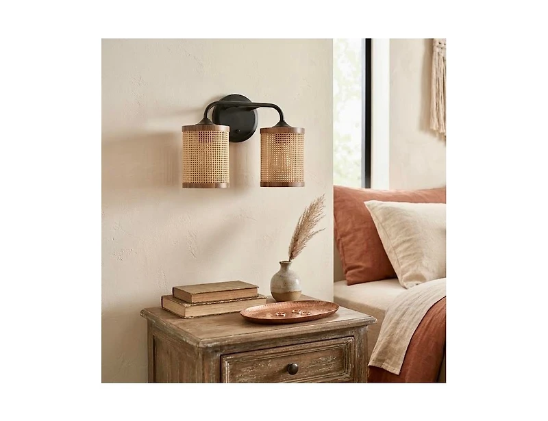 Busdays Double Light Vanity Wall Lamp Natural Rattan Shade Modern Wall Sconce for Bathroom Bedroom Living Room