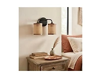 Busdays Double Light Vanity Wall Lamp Natural Rattan Shade Modern Wall Sconce for Bathroom Bedroom Living Room
