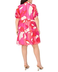 Msk Plus Puff-Sleeve Split Crewneck Babydoll Dress