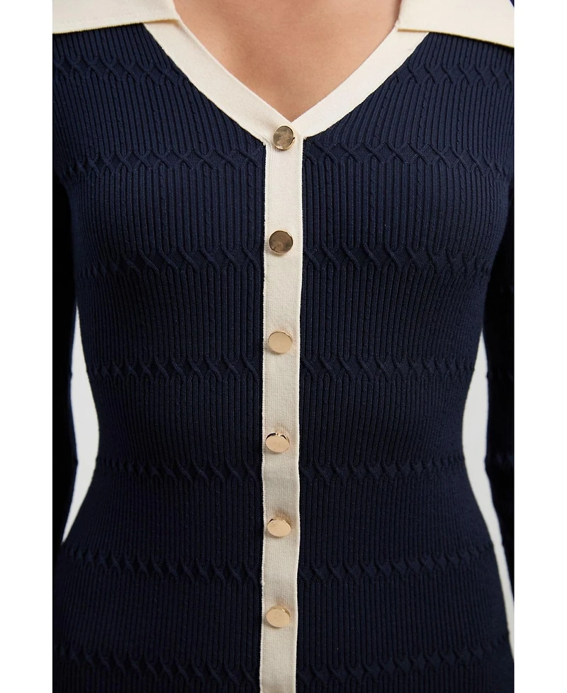 Karen Millen Women's Rib Contrast Button Knit Midi Dress