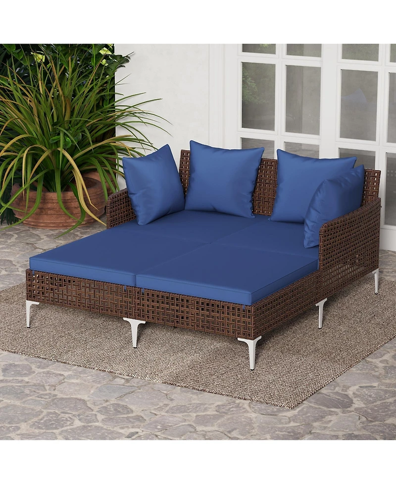 Gymax Outdoor Rattan Double Daybed Wicker Chaise Lounge for 2 w/ Seat & Back Cushions