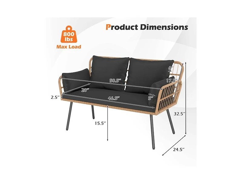 Slickblue Patio Rattan 2-Seater Chair with Back Cushions & Metal Frame