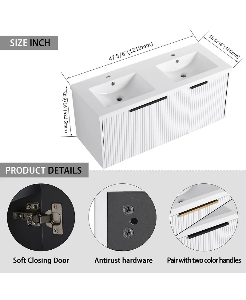 Sillysis 48 Inch Floating Bathroom Vanity with Double Resin Sink, Soft Close Doors, Large Storage Cabinet for Modern Home