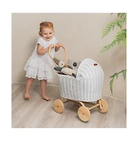 Momiji Colette Handcrafted Rattan Doll Stroller with Wooden Wheels and Toy Mattress - Wicker