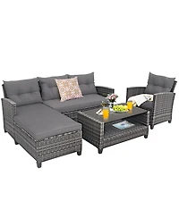 Costway 4PCS Patio Rattan Furniture Set Cushioned Loveseat Table Shelf