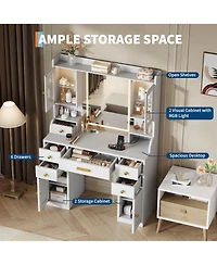 Homfan Modern Vanity Desk with Led Mirror, 3 Light Modes, Charging Station, 6 Drawers, Cabinet and Shelves, Gold Accents Makeup Table for Bedroom