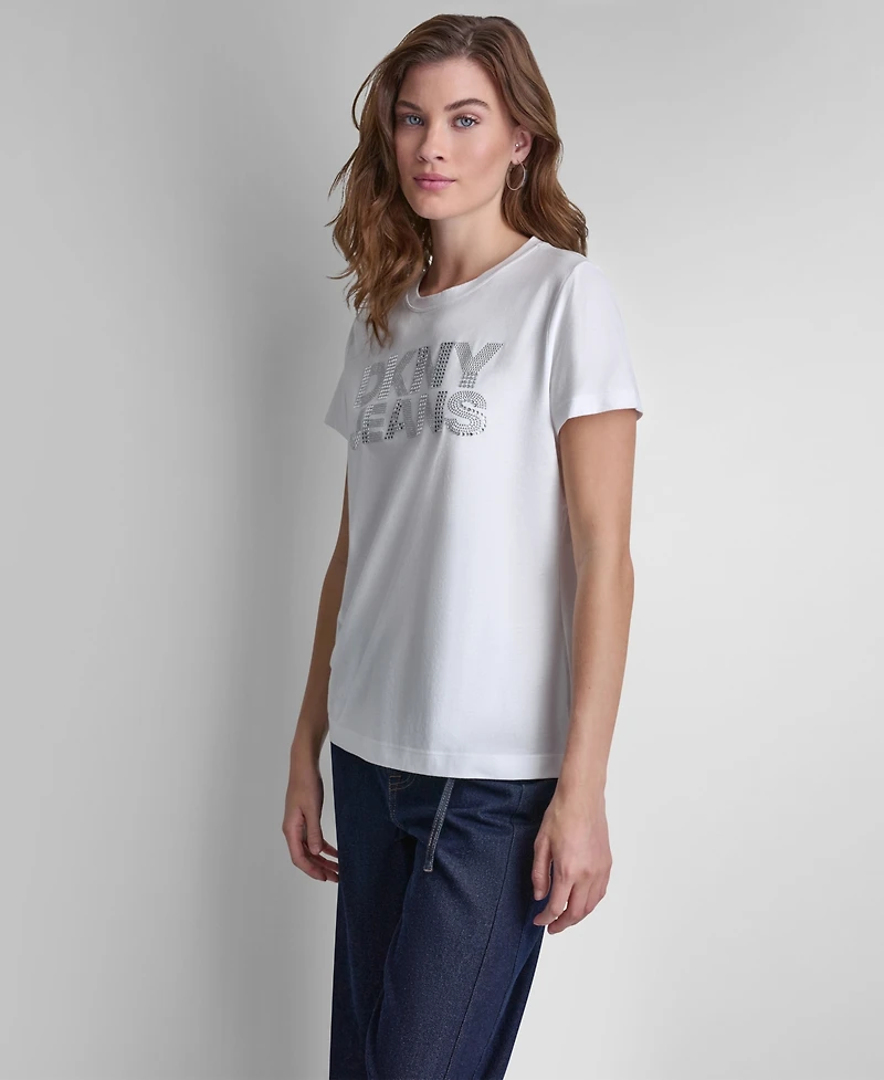 Dkny Jeans Women's Stacked Rhinestone Dome Stud Logo Crewneck T-Shirt