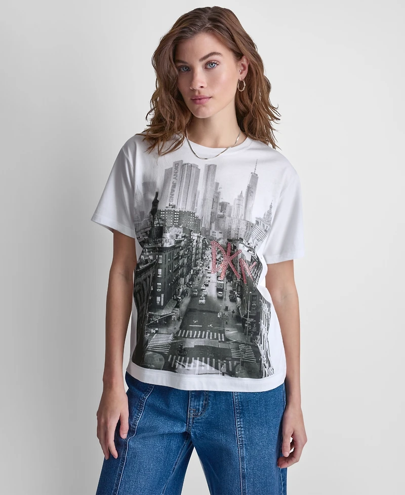 Dkny Jeans Women's New York Stacked Two-Tone Sequin Logo Crewneck T-Shirt