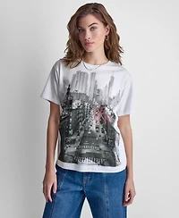 Dkny Jeans Women's New York Stacked Two-Tone Sequin Logo Crewneck T-Shirt