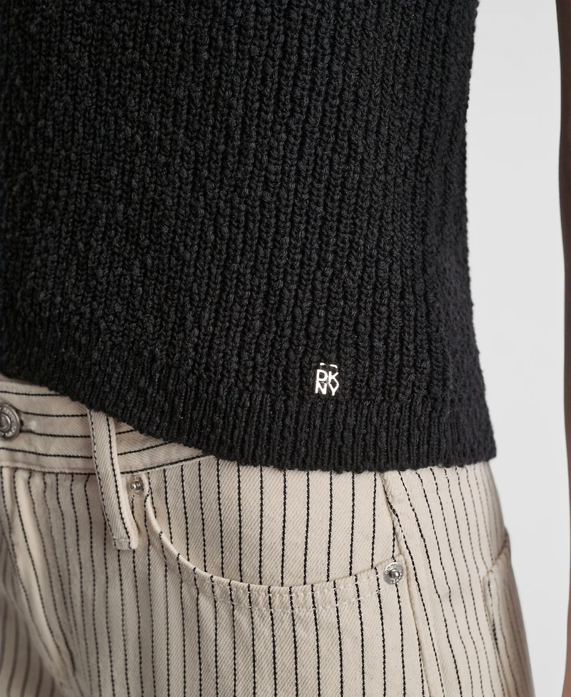 Dkny Jeans Women's Sleeveless V-Neck Rib Logo Charm Cotton Slub Sweater