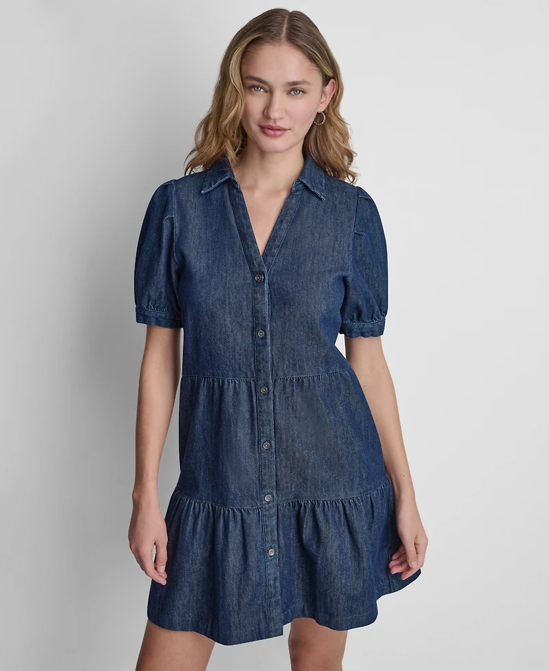 Dkny Jeans Women's Tiered Puff-Sleeve Collared Denim Cotton Mini Shirt Dress