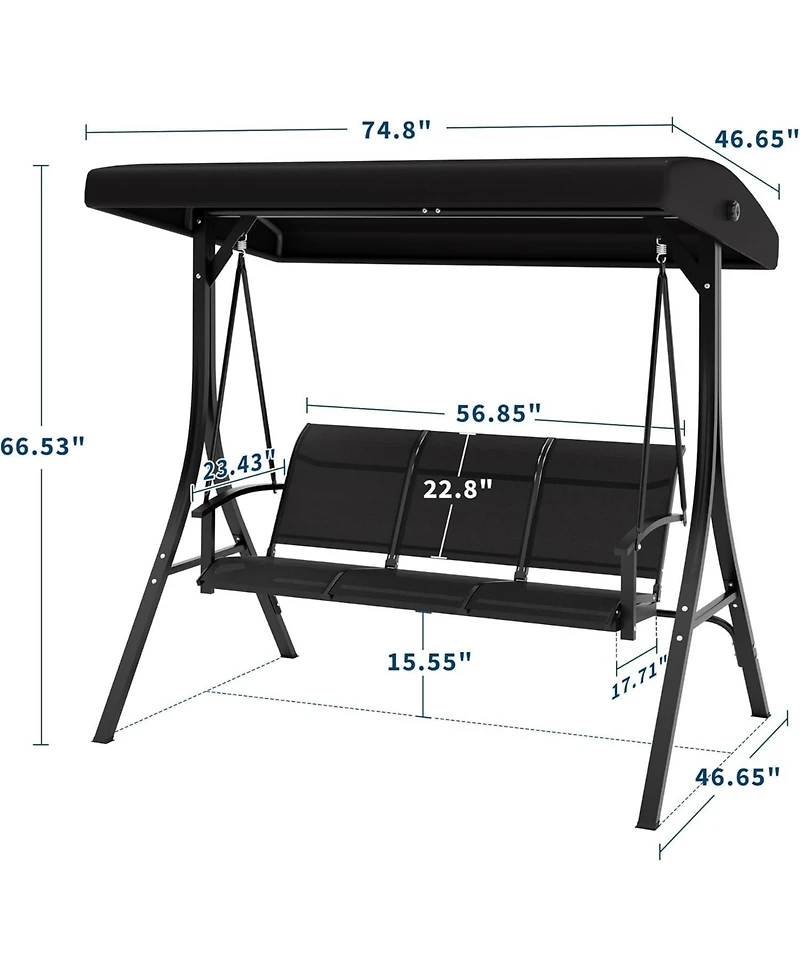 gaomon Outdoor Porch Hanging Chairs, 3-Seat Patio Swing Chair with Adjustable Canopy and Armrests, Swing Bench, Breathable Fabric Seat & Backrest