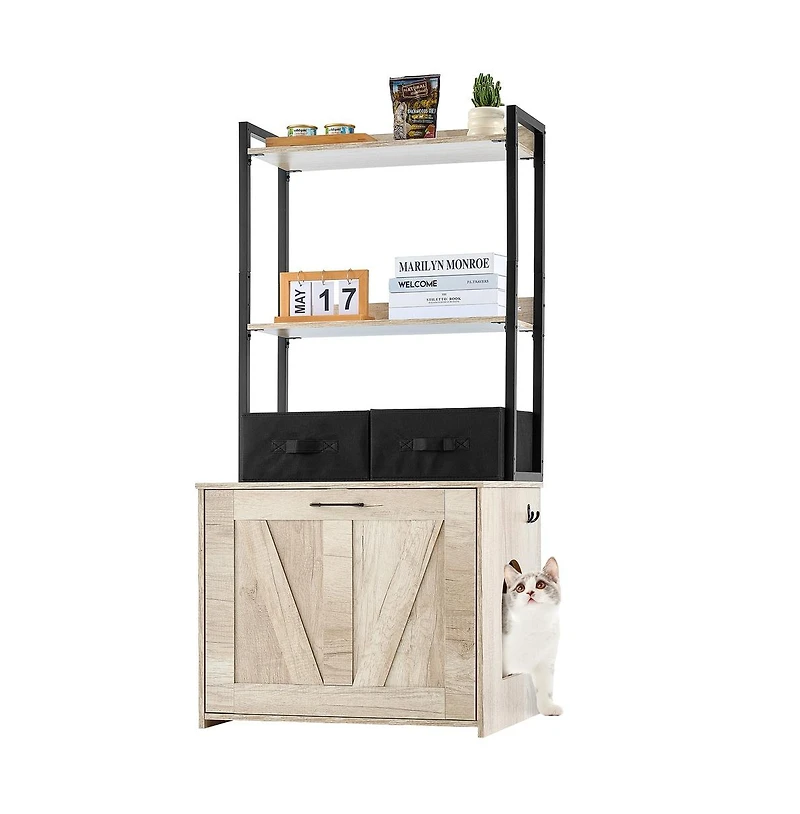 Sugift Cat Litter Box Enclosure Hidden Litter Box Furniture with 2 Storage Shelves and 2 Baskets