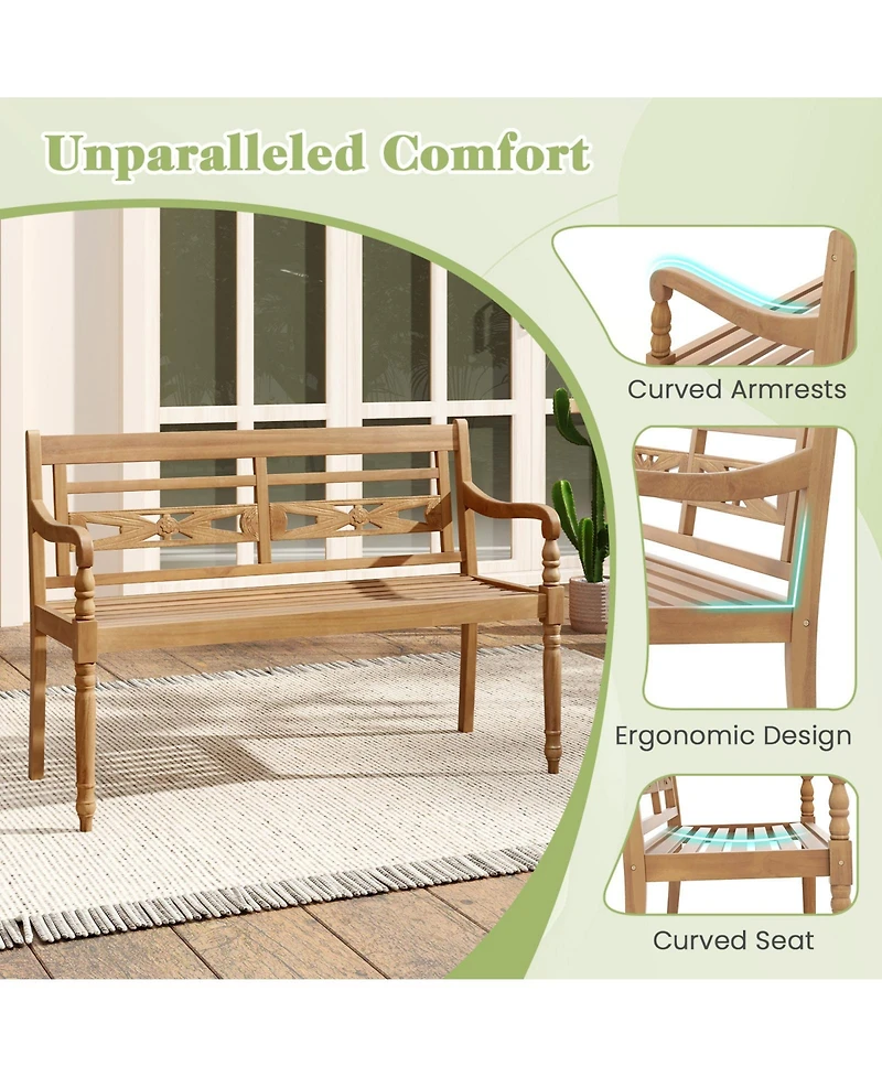 Sugift 2-Person Teak Wood Patio Bench with Wide Backrest Curved Armrests