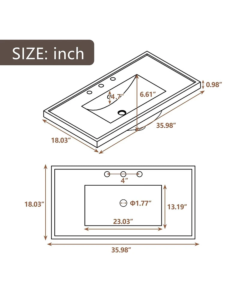 Sillysis Rectangular Ceramic Vanity Top with Sink, 3 Faucet Holes, Easy Maintenance, Inches Bathroom Countertop