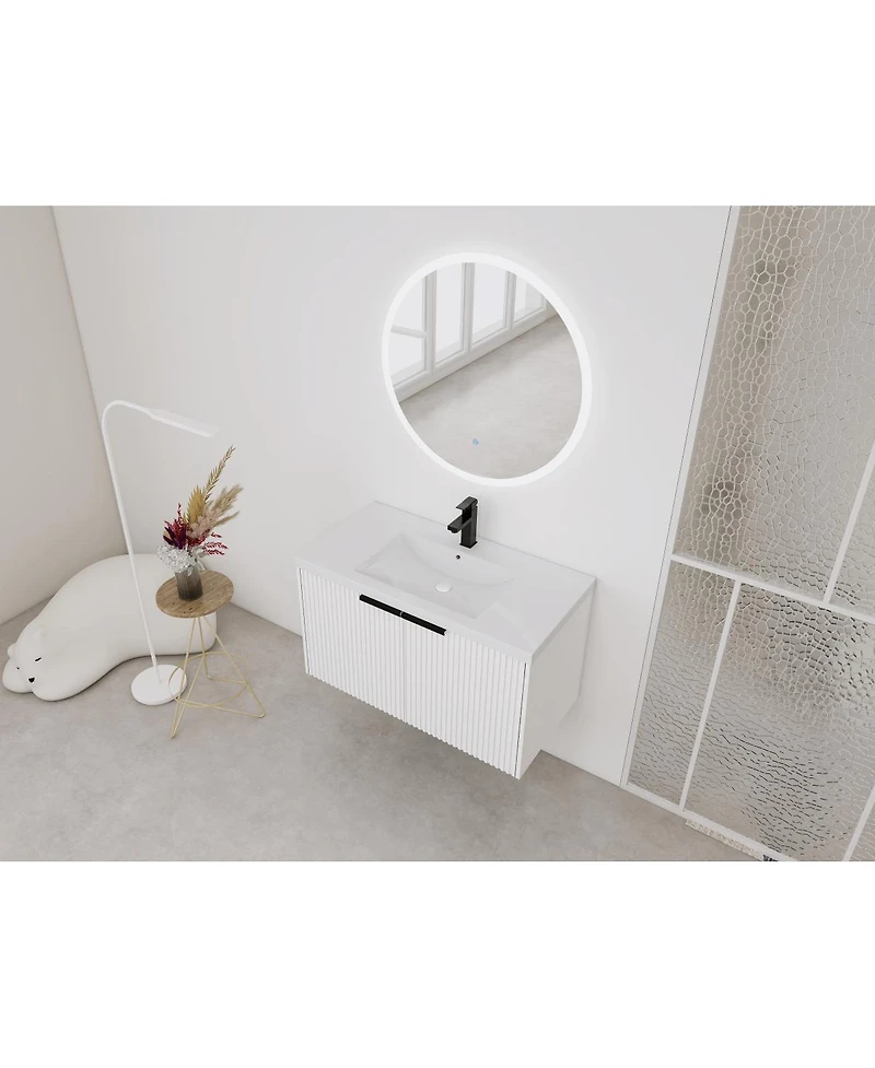 Sillysis 35.4 Inch Floating Bathroom Vanity with Resin Sink, Soft Close Doors, Modern Textured Panels and Ample Storage