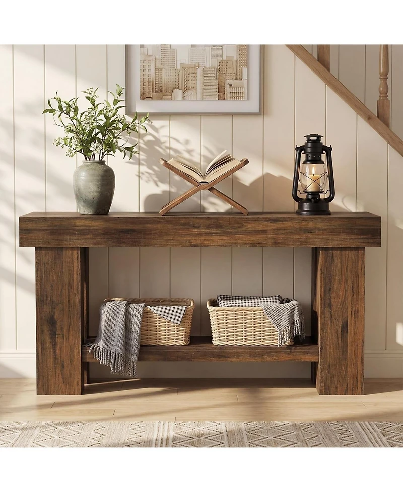 Tribesigns 2 Tier Console Table, 63 Inches Sofa Table Behind Couch, Industrial Console Sofa Table with Storage Shelf, Long Hallway Foyer Table
