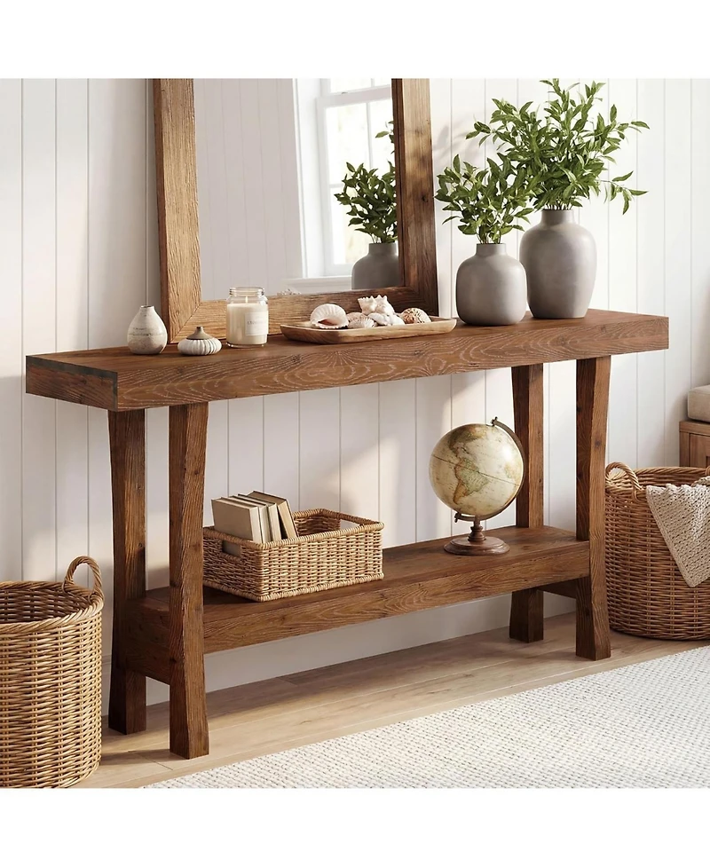 Tribesigns 63" Farmhouse Solid Wood Console Table, Narrow Entryway Table with 2-Tier Storage Shelf