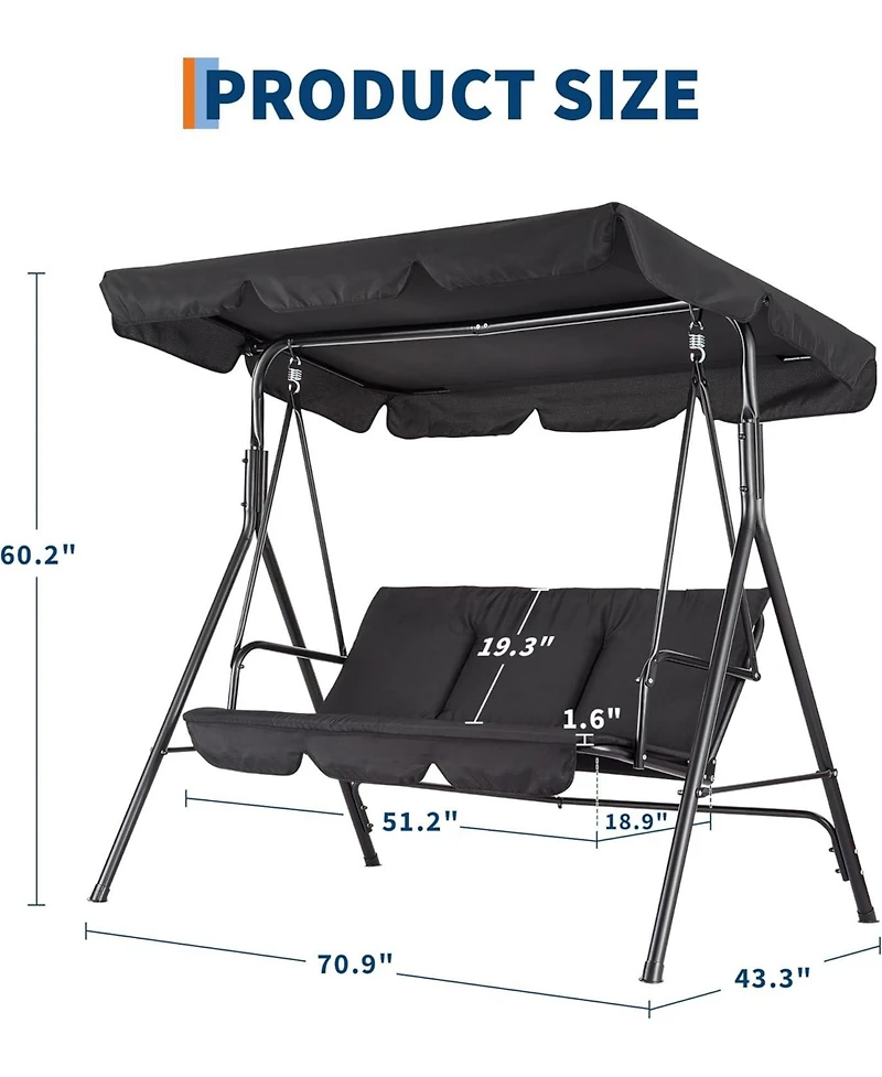 gaomon 3-Seat Outdoor Porch Swing Chair with Adjustable Canopy and Thickened Cushions