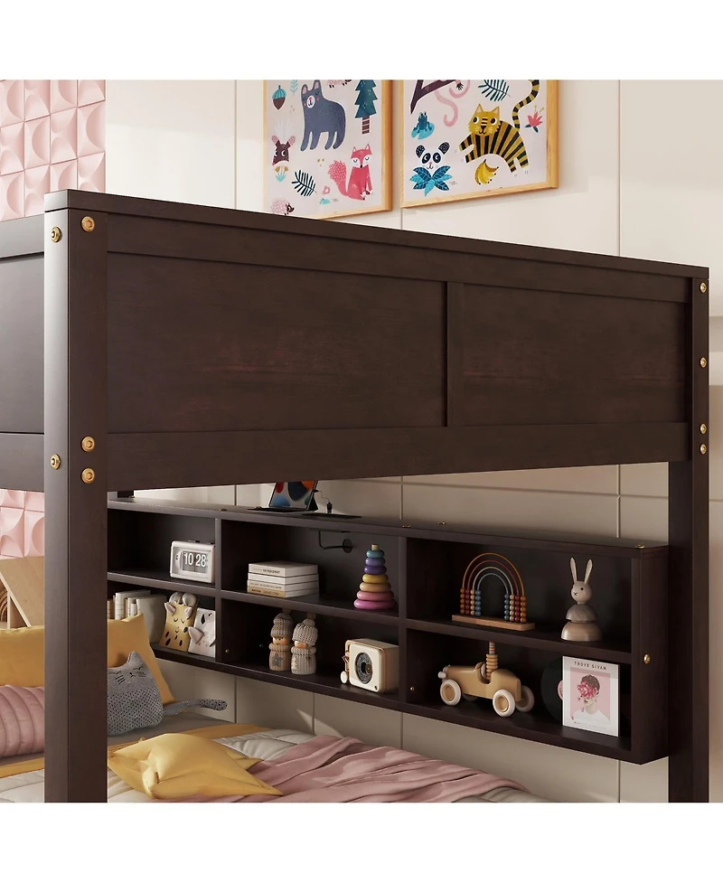 Sailvan Bunk Bed, Solid Pine Wood with Built-in Storage Cabinets, Charging Station