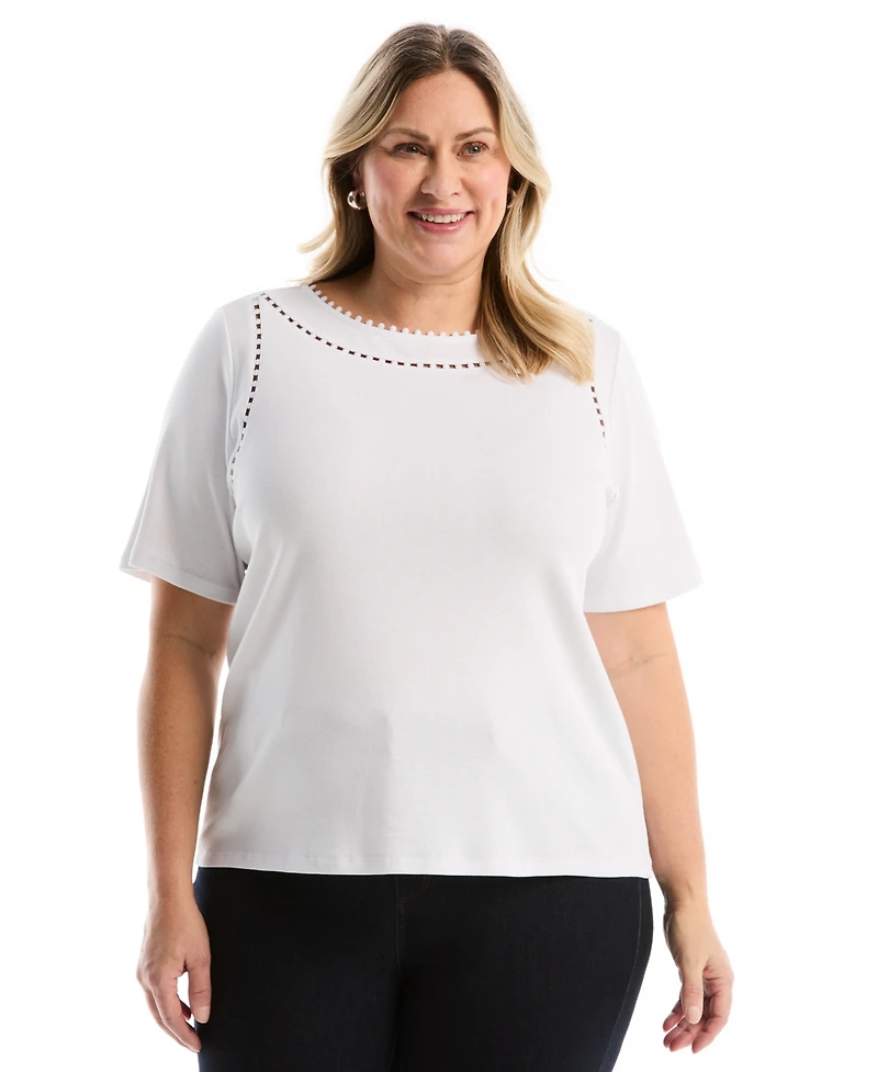 Rafaella Plus Pom Trim Detail Short-Sleeve Top
