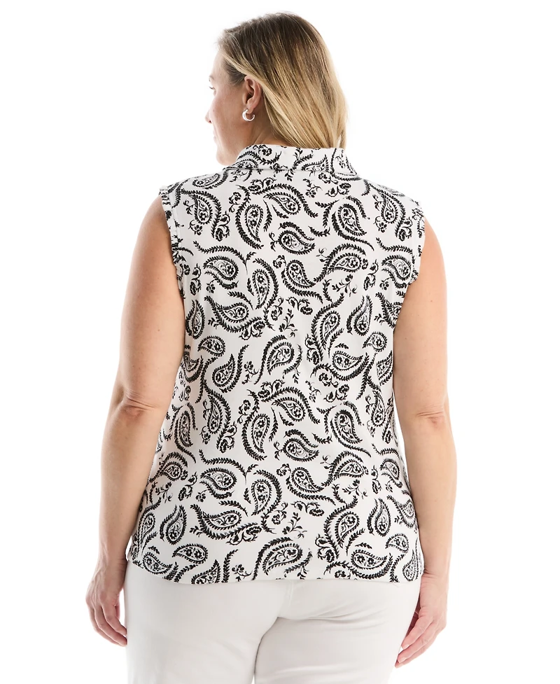 Rafaella Plus Paisley Print Ruffle Trim Sleeveless Polo Shirt