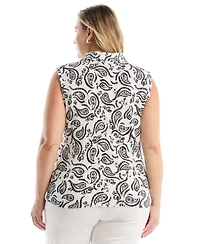 Rafaella Plus Paisley Print Ruffle Trim Sleeveless Polo Shirt