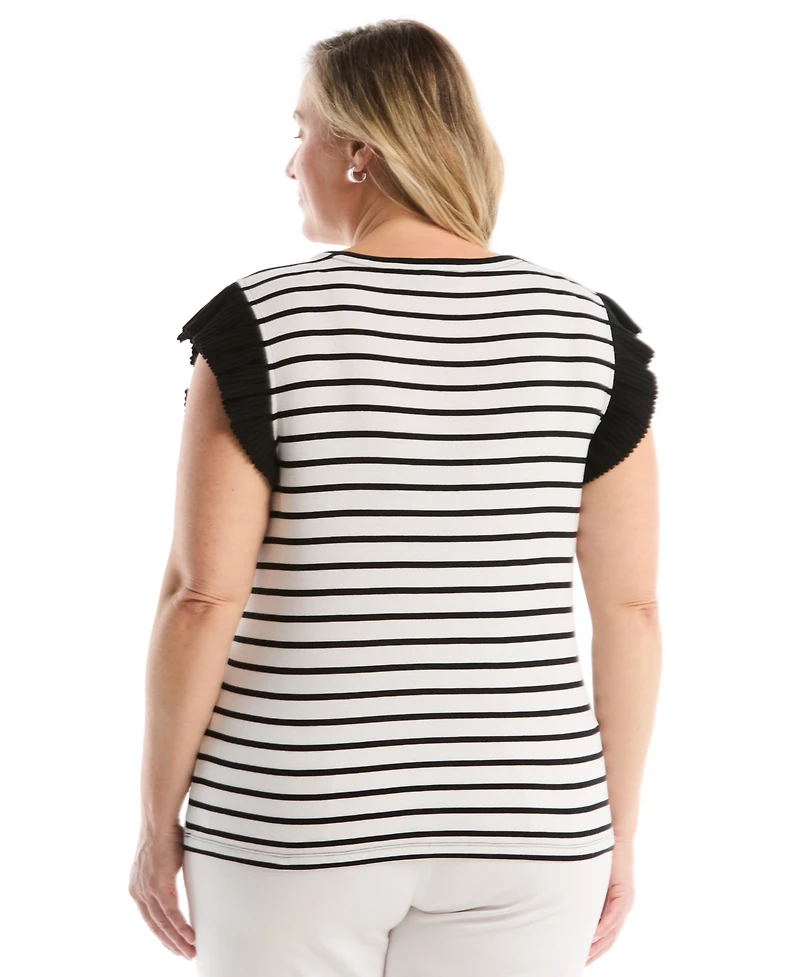 Rafaella Plus Striped Ruffle Cap-Sleeve Top