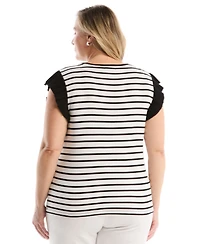 Rafaella Plus Striped Ruffle Cap-Sleeve Top