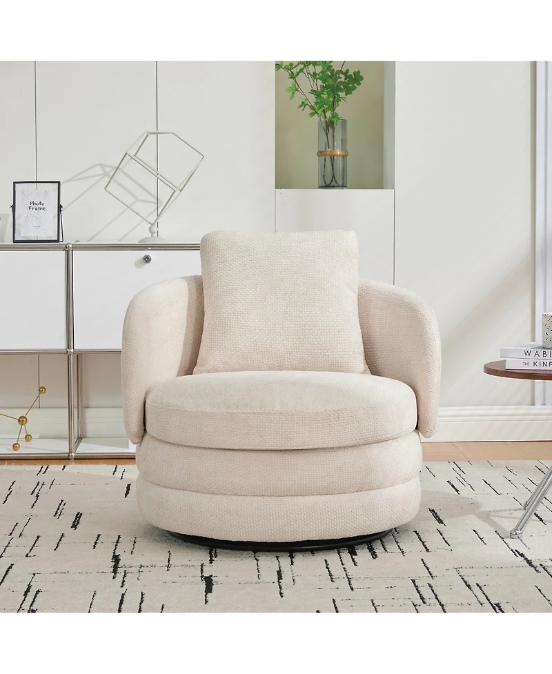 Rainsken 360degree(s) Swivel Round Barrel Chair - Chenille Upholstered Accent with Pillow, Armchair for Living Room, Reading Room