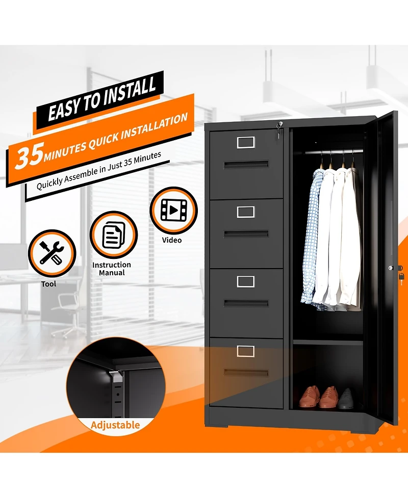 Rainsken Vertical File Cabinet with Lock, 2-in-1 Storage for Files and Clothes, Steel 4 Drawers 1 door Home Office
