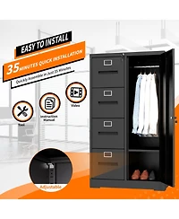 Rainsken Vertical File Cabinet with Lock, 2-in-1 Storage for Files and Clothes, Steel 4 Drawers 1 door Home Office