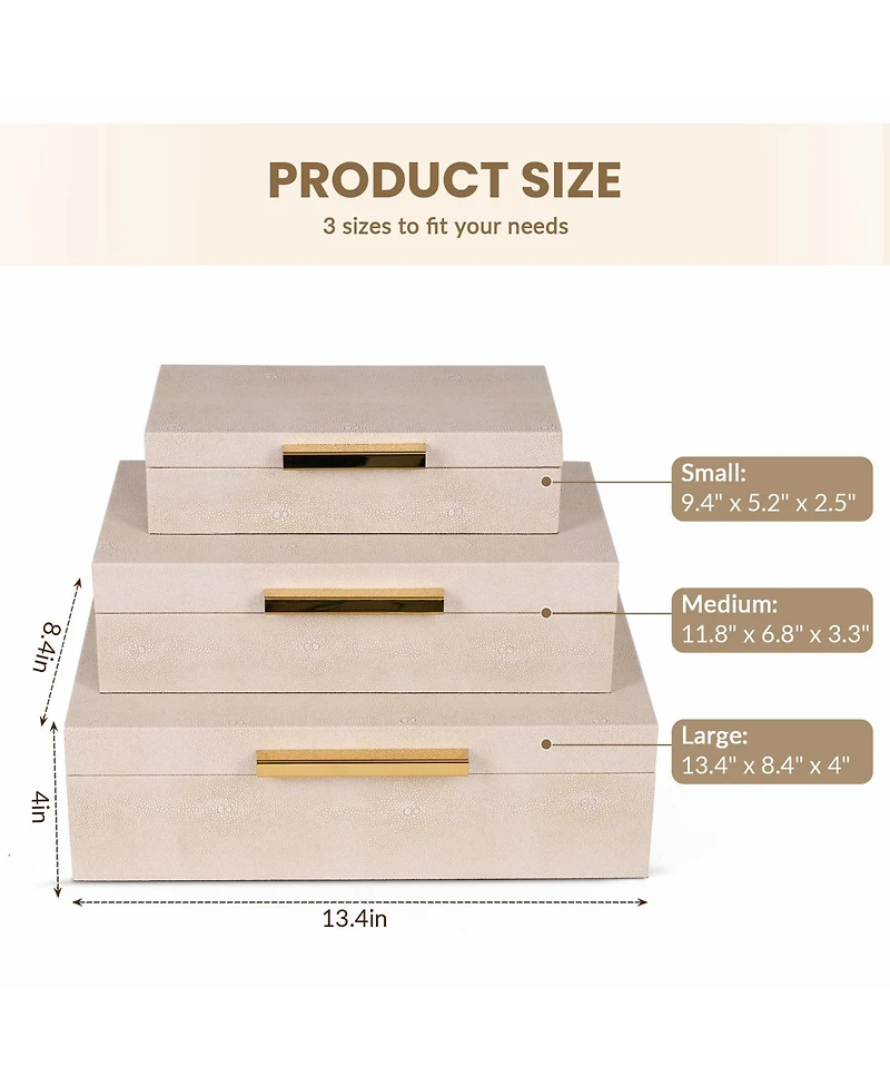 Yigii Shagreen Decorative Boxes Set Of 3 Faux Leather Metal Handles Stackable Home Organizer