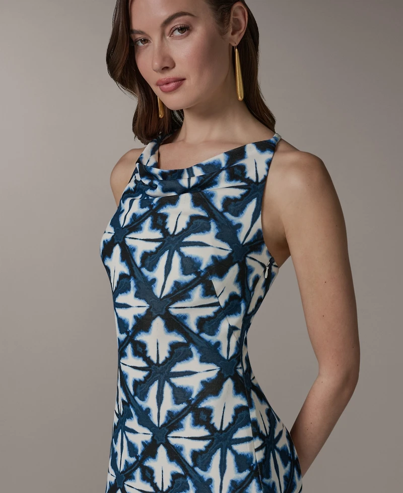 Donna Karan New York Women's Cowl Neck Sheath Sleeveless Printed Midi Dress