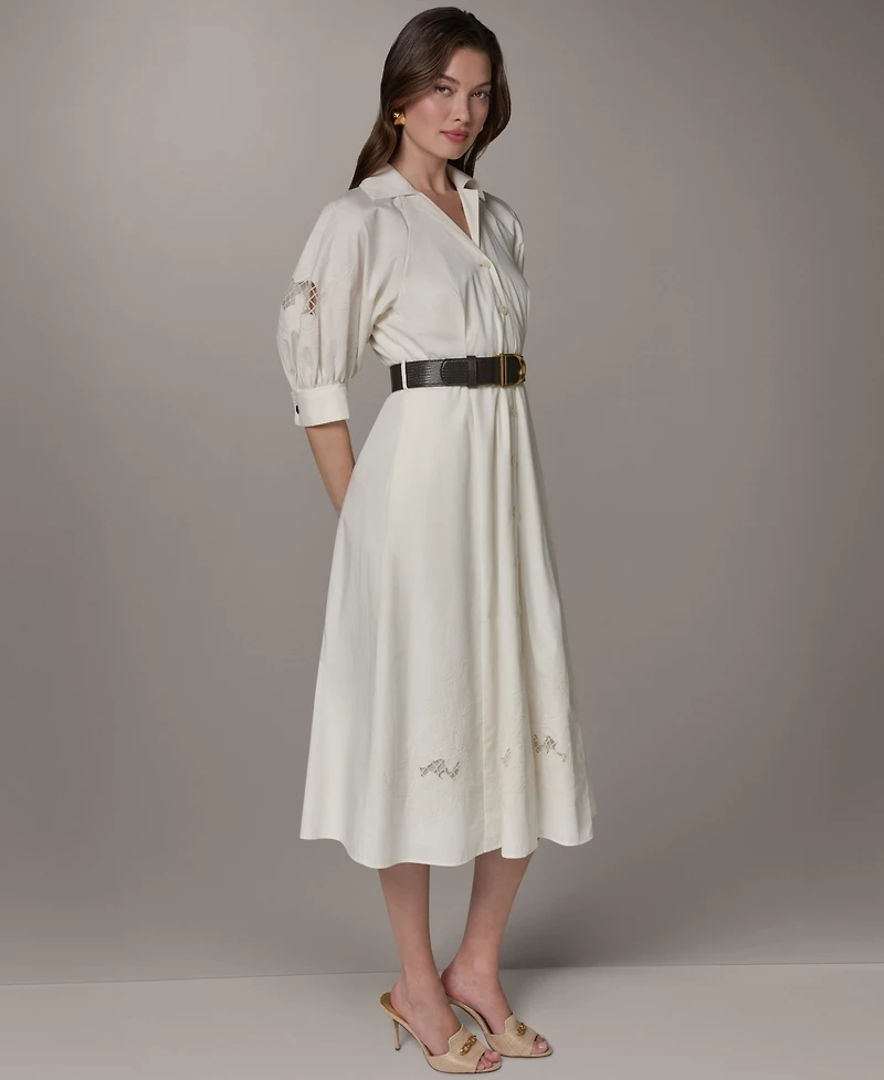 Donna Karan New York Women's Collared Shirt Midi Dress with Pu Belt