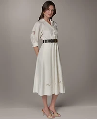 Donna Karan New York Women's Collared Shirt Midi Dress with Pu Belt
