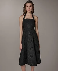 Donna Karan New York Women's Halter Fit & Flare Sleeveless Embroidered Midi Dress