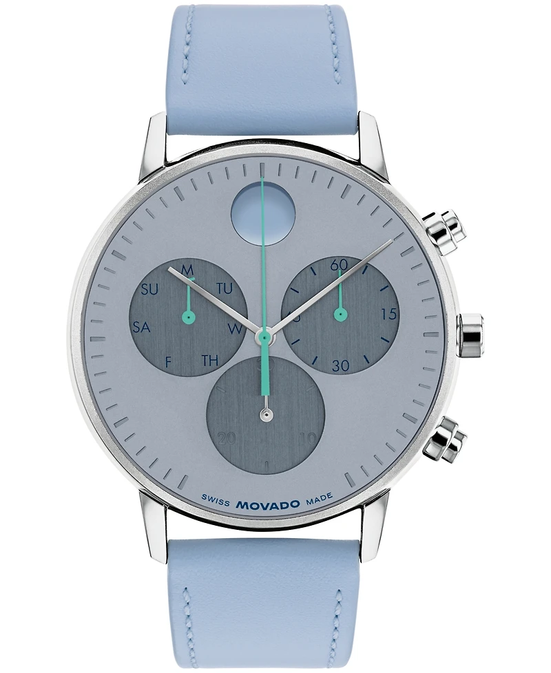 Movado Men's Face Swiss Quartz Chrono Light Blue Leather Watch 43mm
