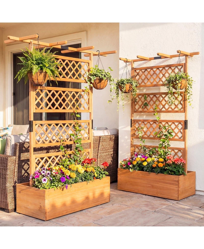 Gymax Wooden Planter Box w/Lattice Trellis Flat Roof Drainage for Climbing Plant